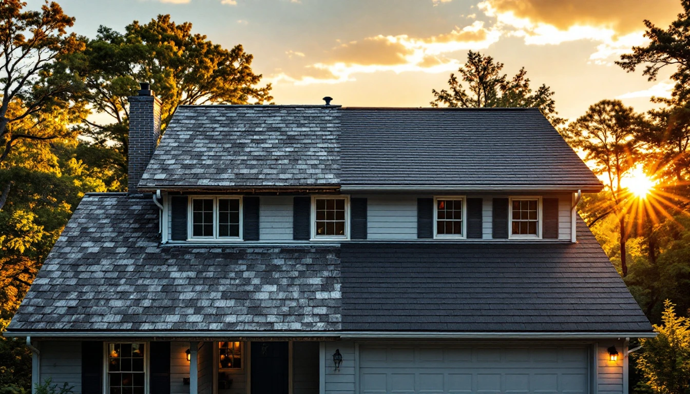 A suburban two-story house mid roof replacement, with a crew tearing off old shingles and exposed decking visible